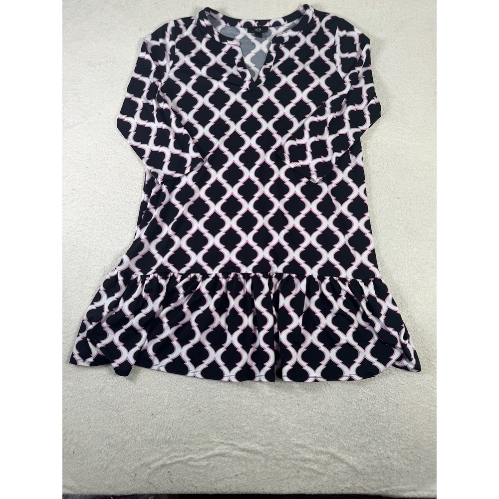 AGB Dress Shift Women XL Black Pink Geometric Trellis Ruffle Hem Excellent